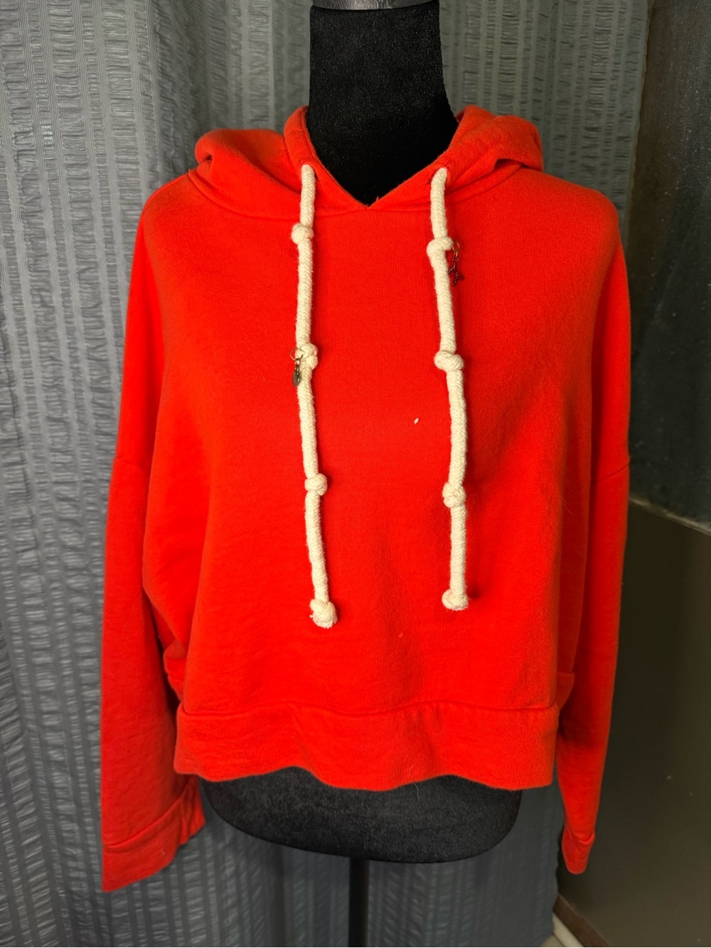 Women's Cropped Red Hooded Sweatshirt with Rope Drawstrings
